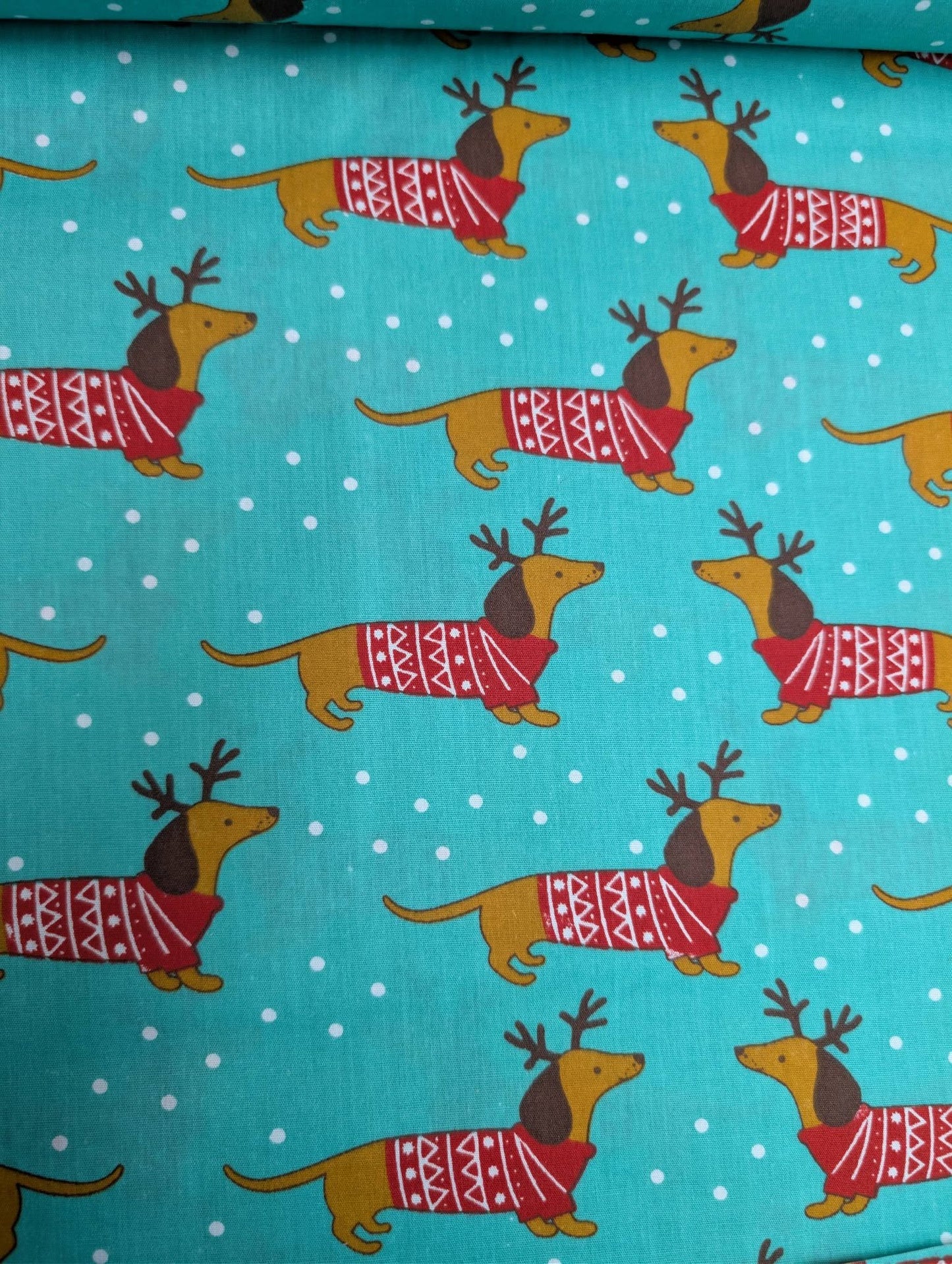 Printed Polycotton Fabric - Christmas Sausage Dogs