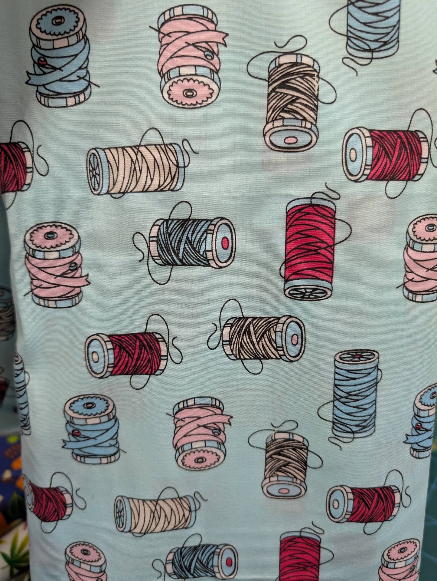 Sewing Bobbins Print Cotton Poplin Dress Fabric Aqua - per metre