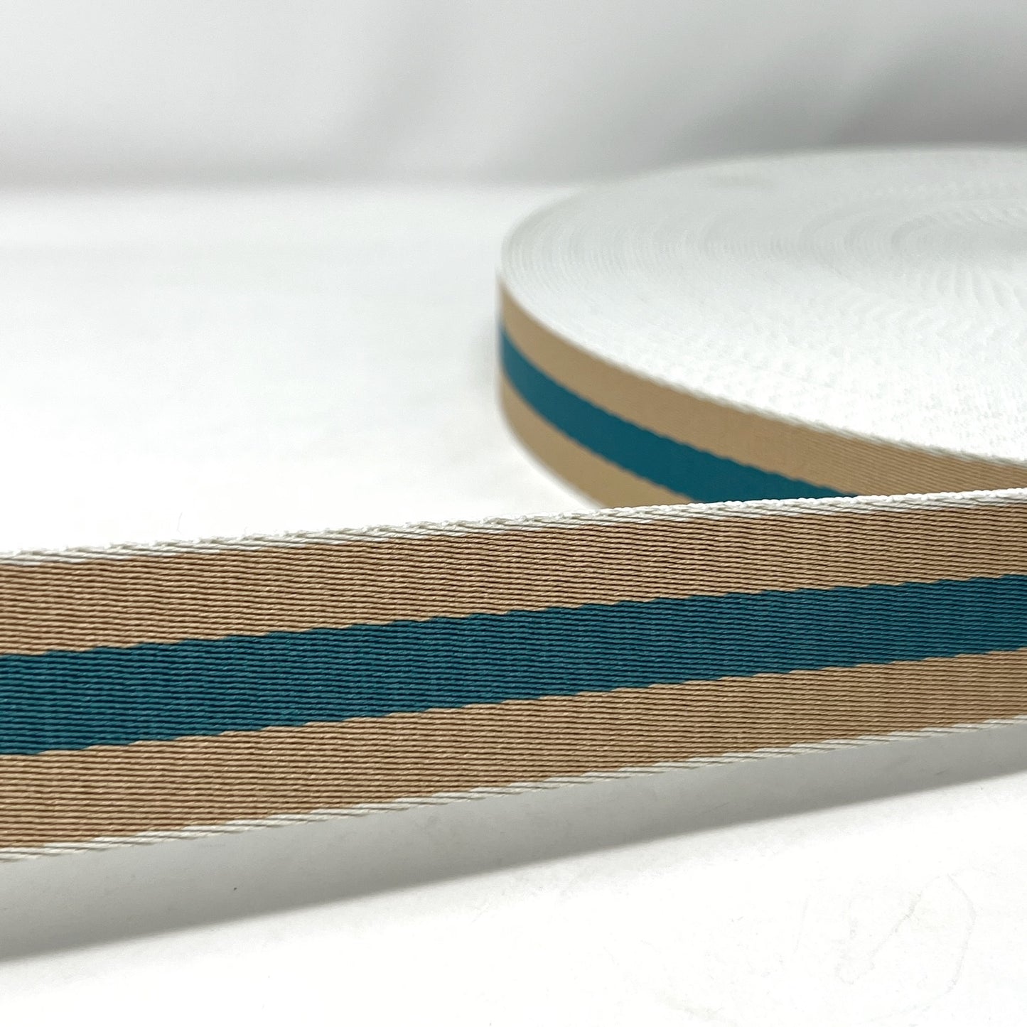 stripe webbing, taupe/blue, 38mm. Polyester