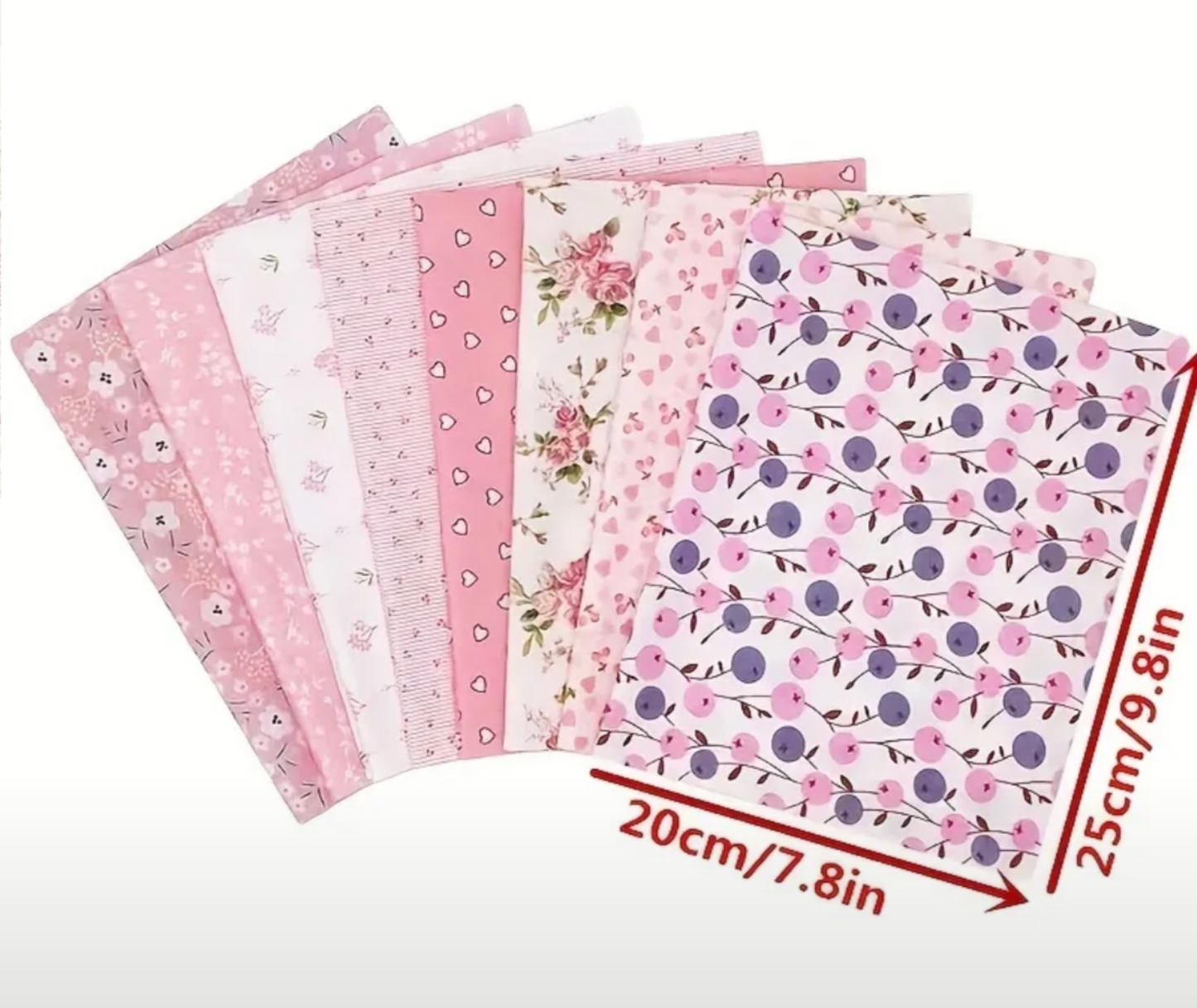 8 piece set, pink, floral, vintage 20x25cm pieces