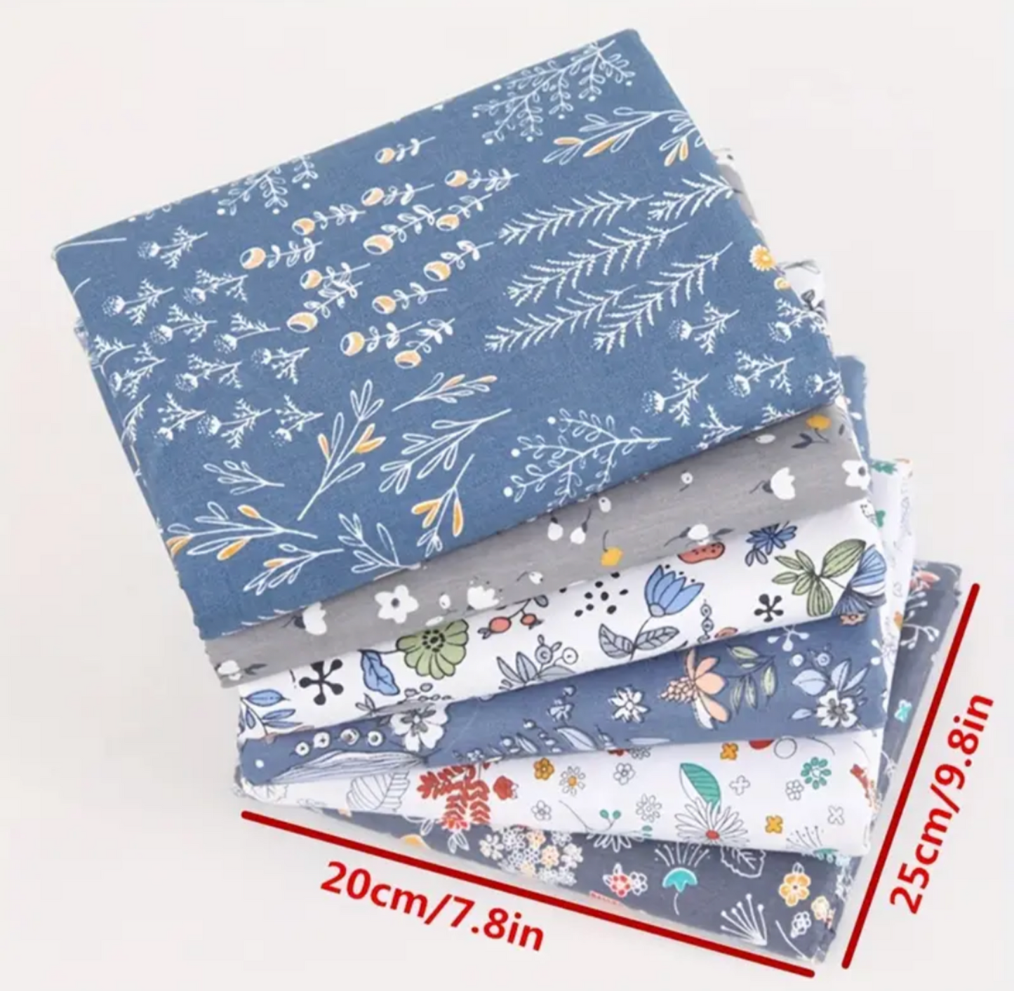 6pcs 20cmx25cm pieces Gray Flower Grass Leaf Cloth Set, Dark Blue Plaid, Striped Cloth Set