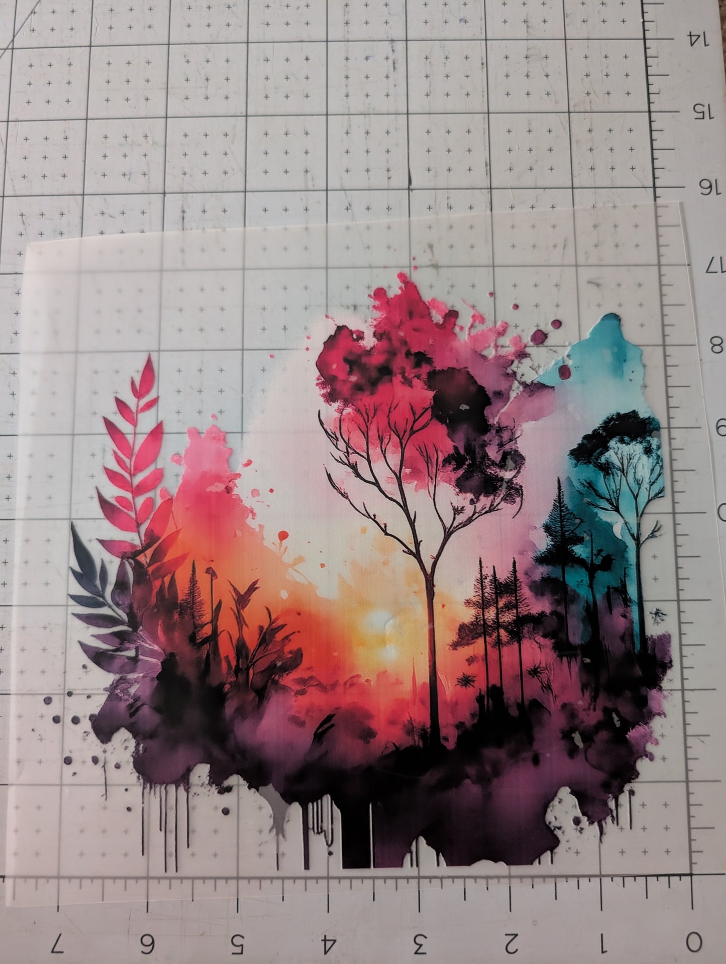 Iron on transfer - colourful trees 7" x 7"