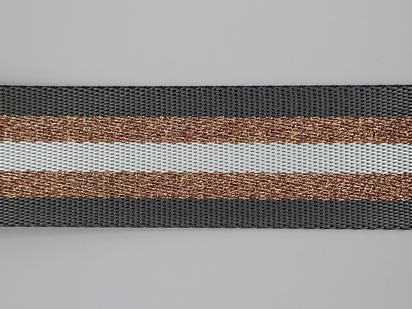 Lurex stripe webbing, black/gold/cream, 38mm. Polyester