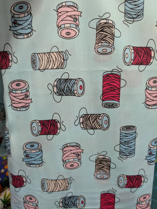 Sewing Bobbins Print Cotton Poplin Dress Fabric Aqua - per metre