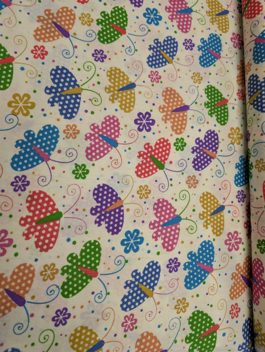 Polycotton Fabric Butterflies Spotty Polka Dots Flower Butterfly