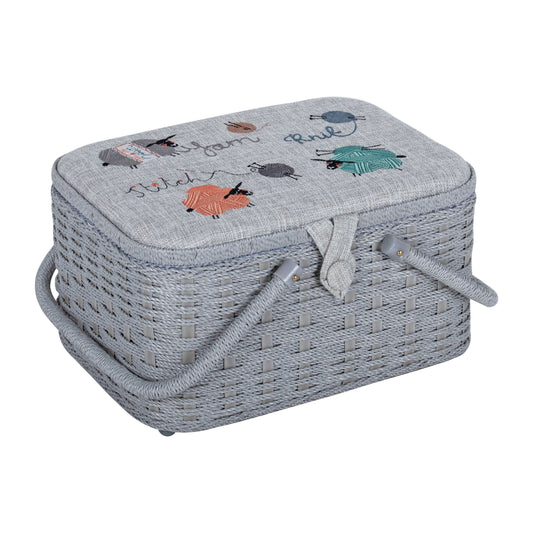 Sewing Box: (L): Wicker Basket: Embroidered: Knit Happens