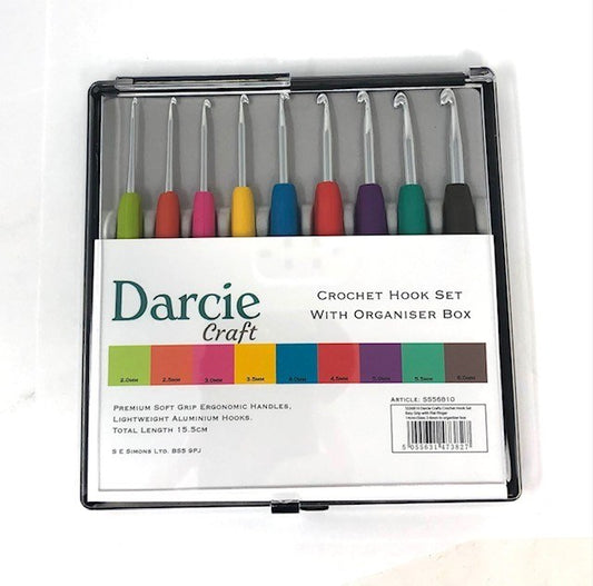 Darcie Crafts Crochet Hook Set: Easy Grip with Flat Finger: 14cm x Sizes 2-6mm In organiser box