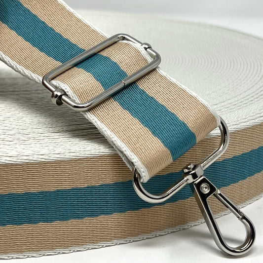 stripe webbing, taupe/blue, 38mm. Polyester