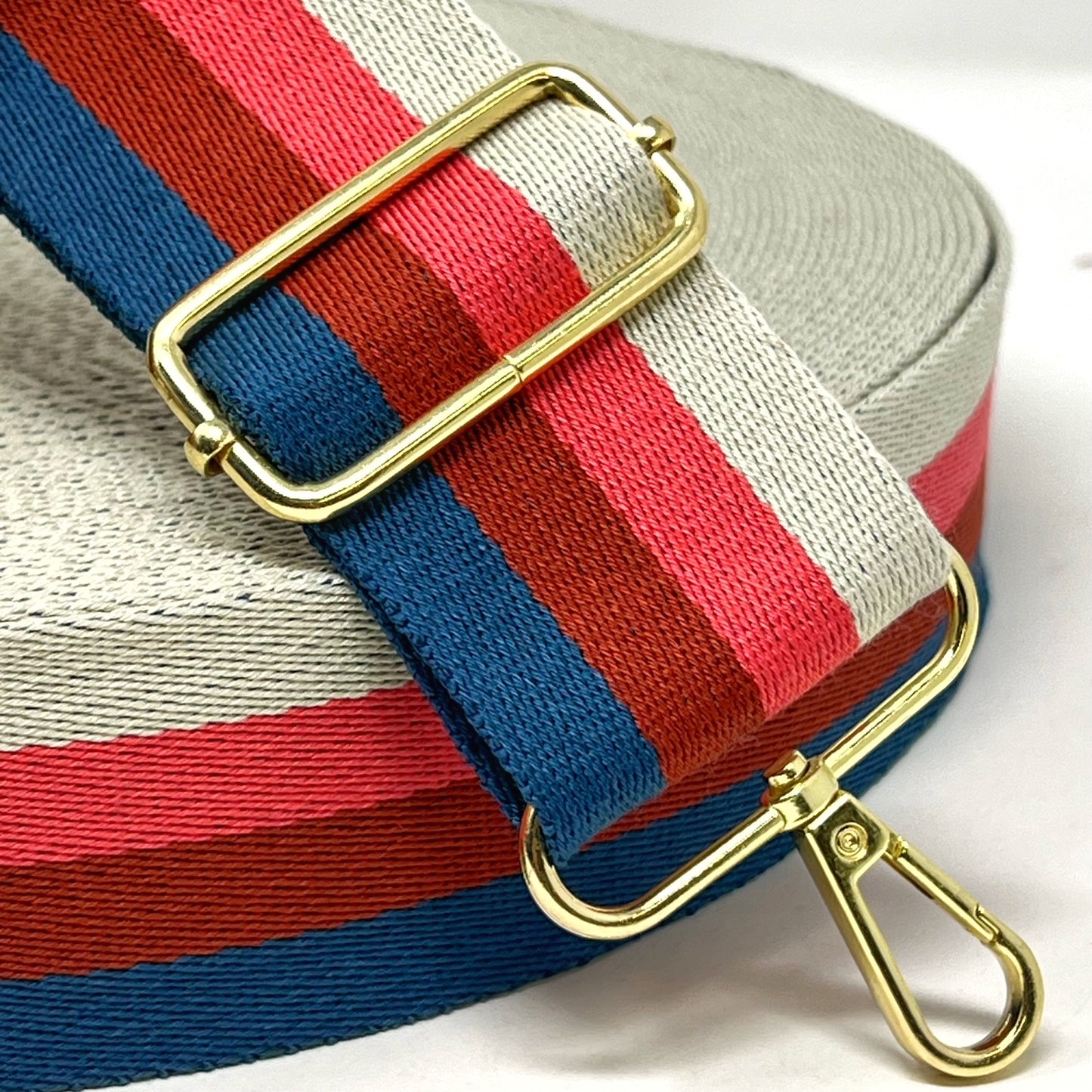 stripe webbing, blue/pinks/natural, 50mm. Polyester,