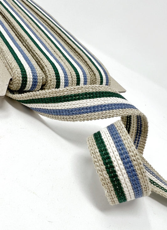 25mm wide multi coloured webbing- stone/green/ecru/blue