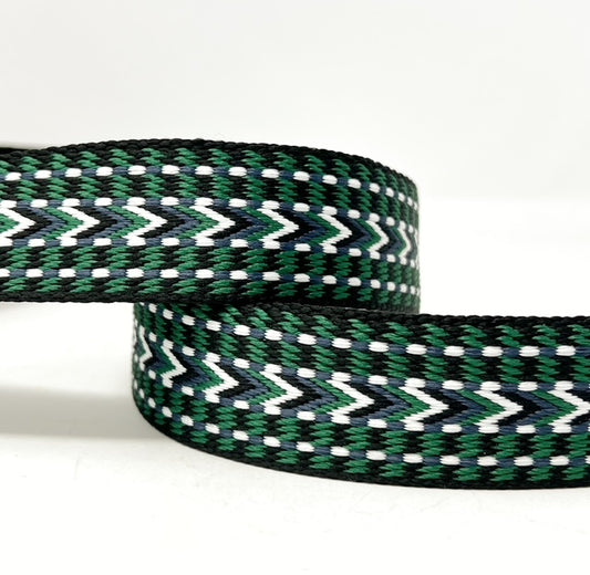 green/ecru/black, heavy weight 38mm arrow weave webbing, 100% polyester