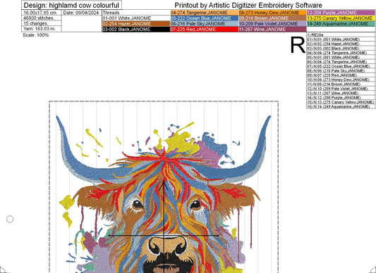 Highland Cow Colorful Embroidery File