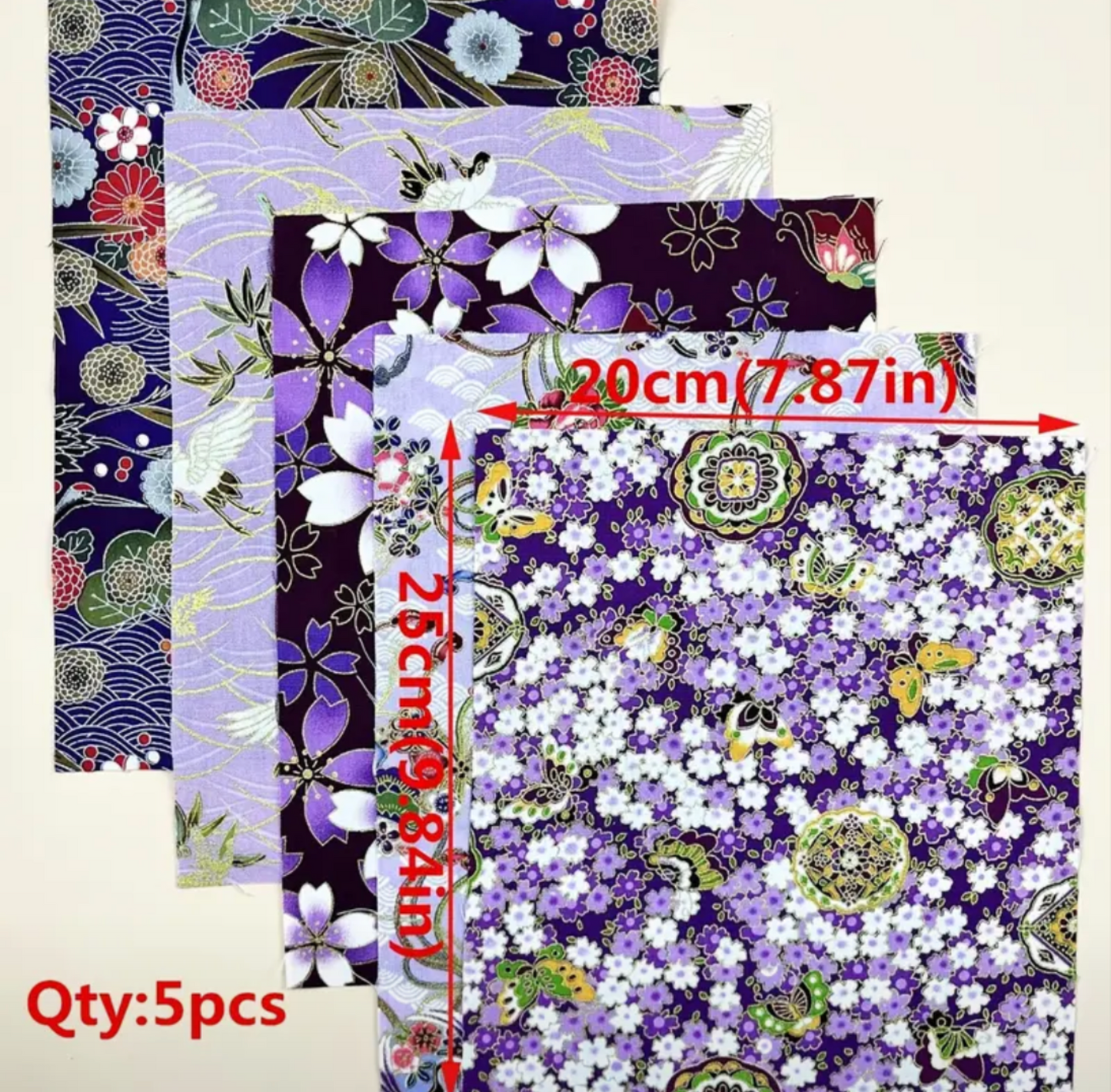 5pcs Purple Fabric, Flower Printed 20x25cm pieces