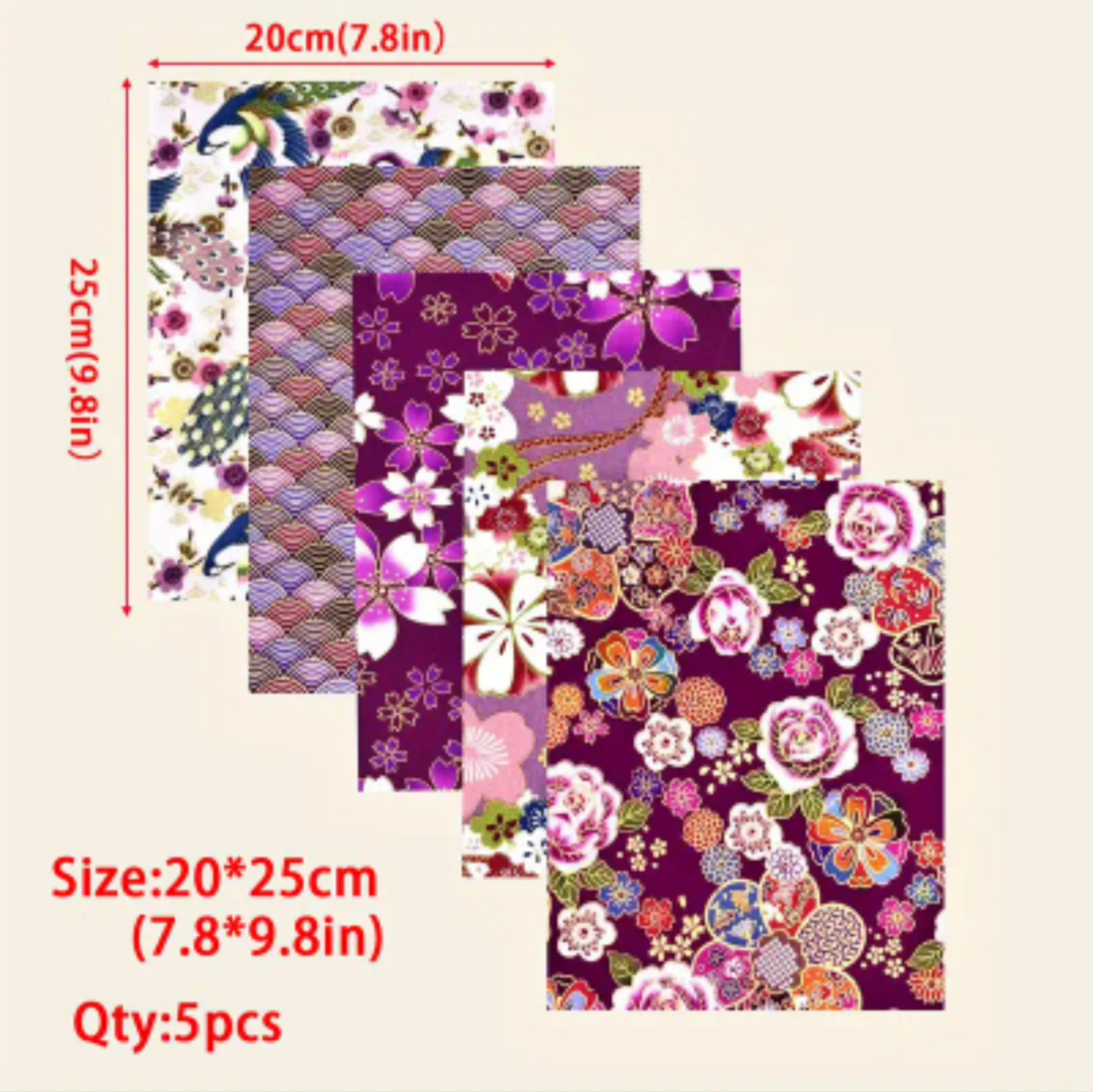 Japanese pink/purple, 5 piece set, 20x25cm pieces