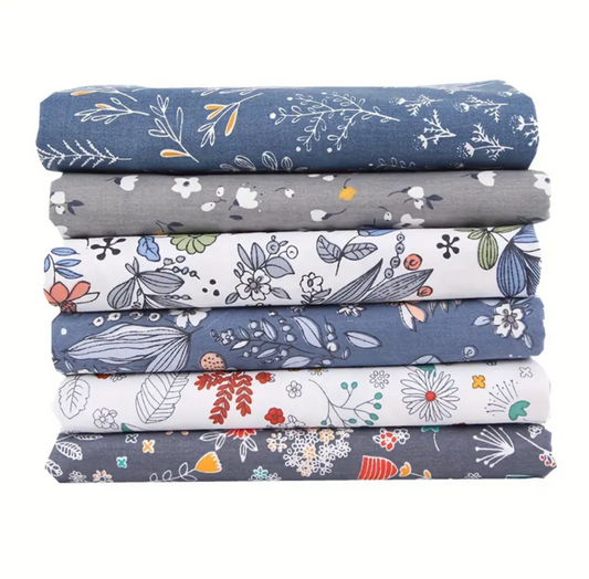 6pcs 20cmx25cm pieces Gray Flower Grass Leaf Cloth Set, Dark Blue Plaid, Striped Cloth Set