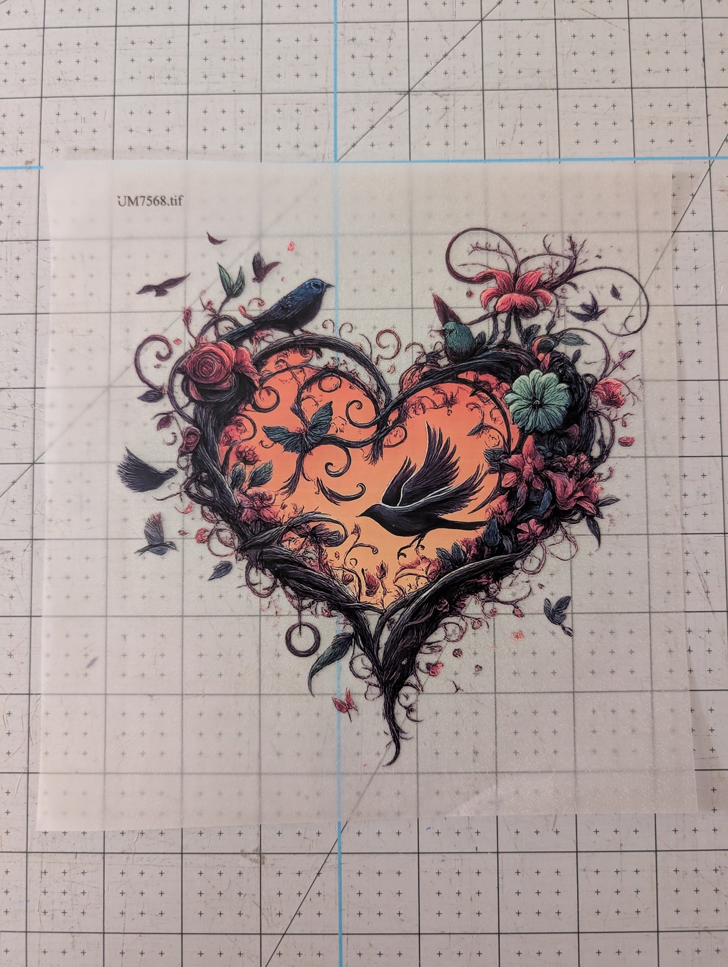 Iron on transfer - rose thorn heart 7" x 7"
