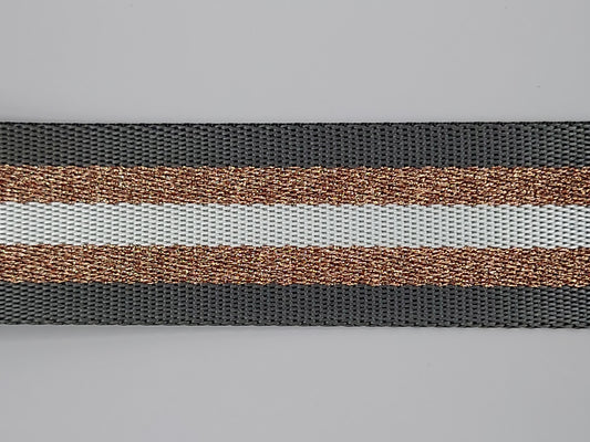 Lurex stripe webbing, black/gold/cream, 38mm. Polyester