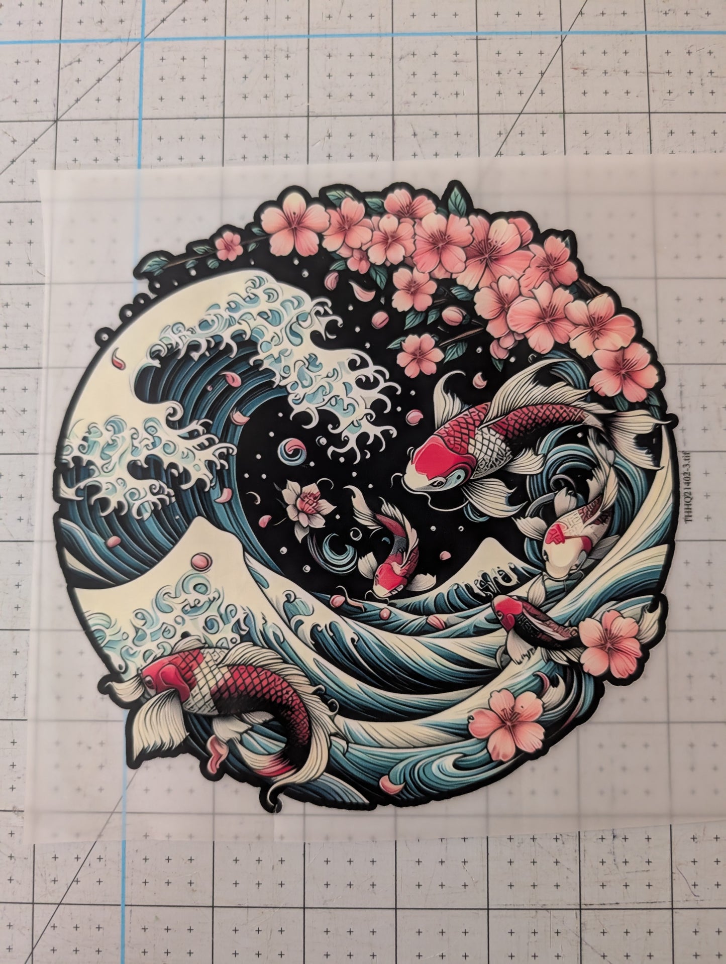 Iron on transfer - carp, cherry blossom 7" x 7"