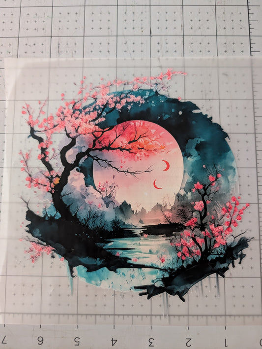 Iron on transfer - Japanese cherry blossom sunset 7" x 7"