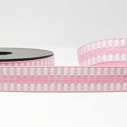 30mm cotton mix tile stripe webbing, pink/white