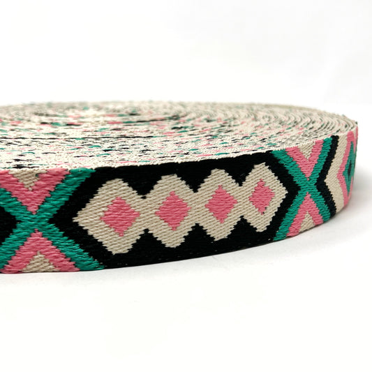 38mm tribal webbing, stone/pink/jade/black