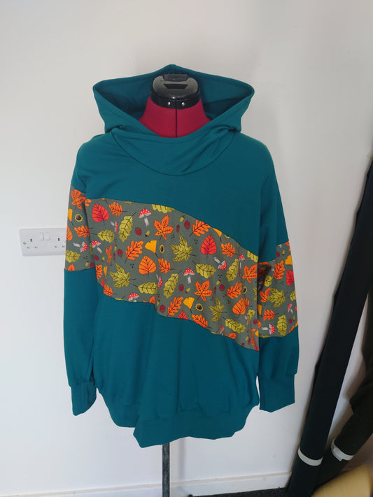 Teal/Petrol with Mushrooms & Levaes Colour Block Hoodie 2XL