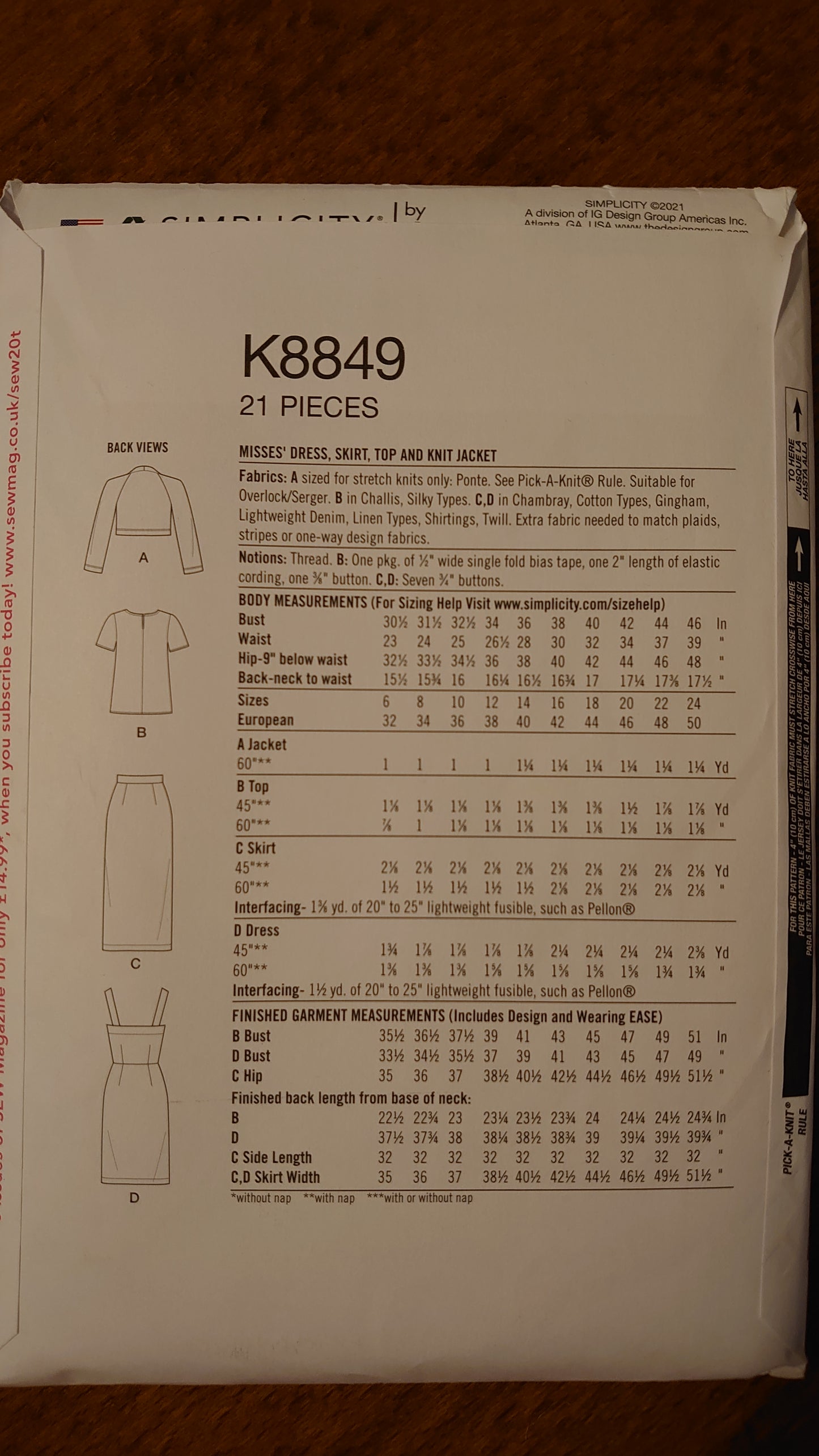 Simplicity K8849 H5 Sewing Pattern