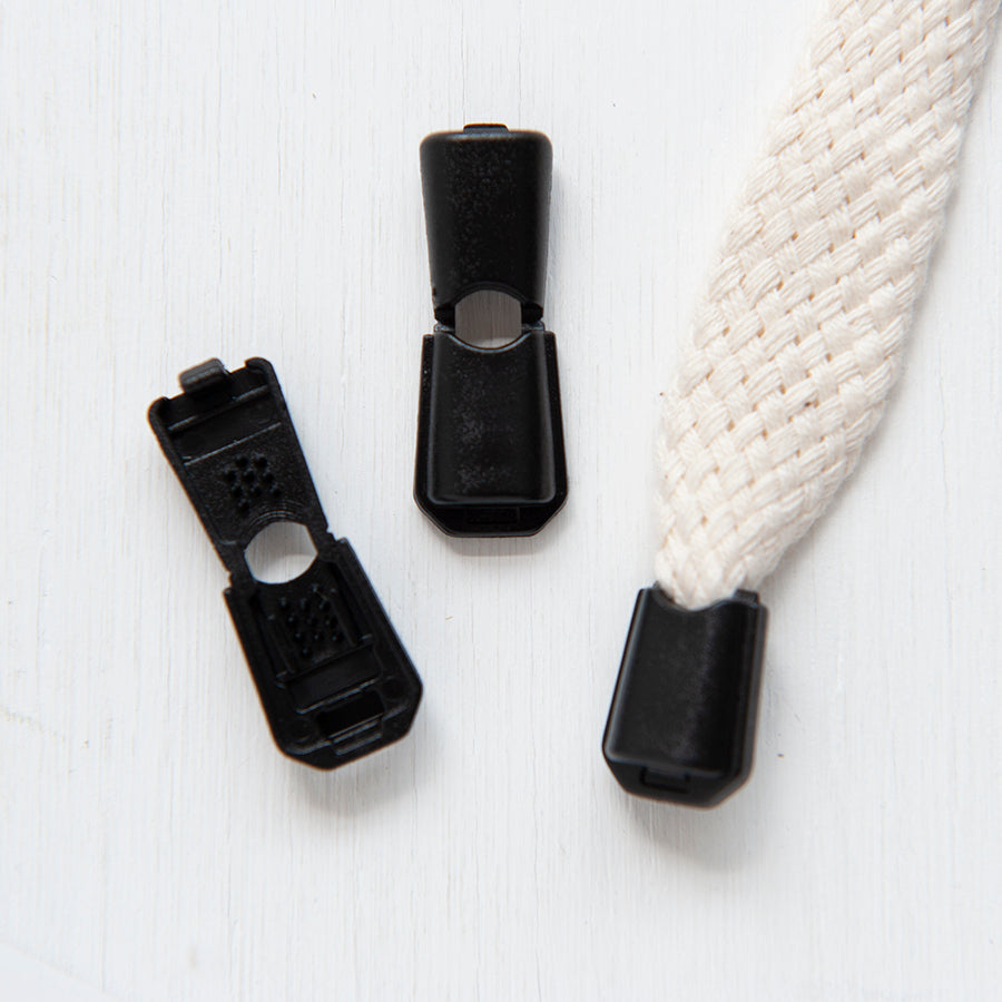 Pair Black Plastic Clip On Cord Ends 8mm